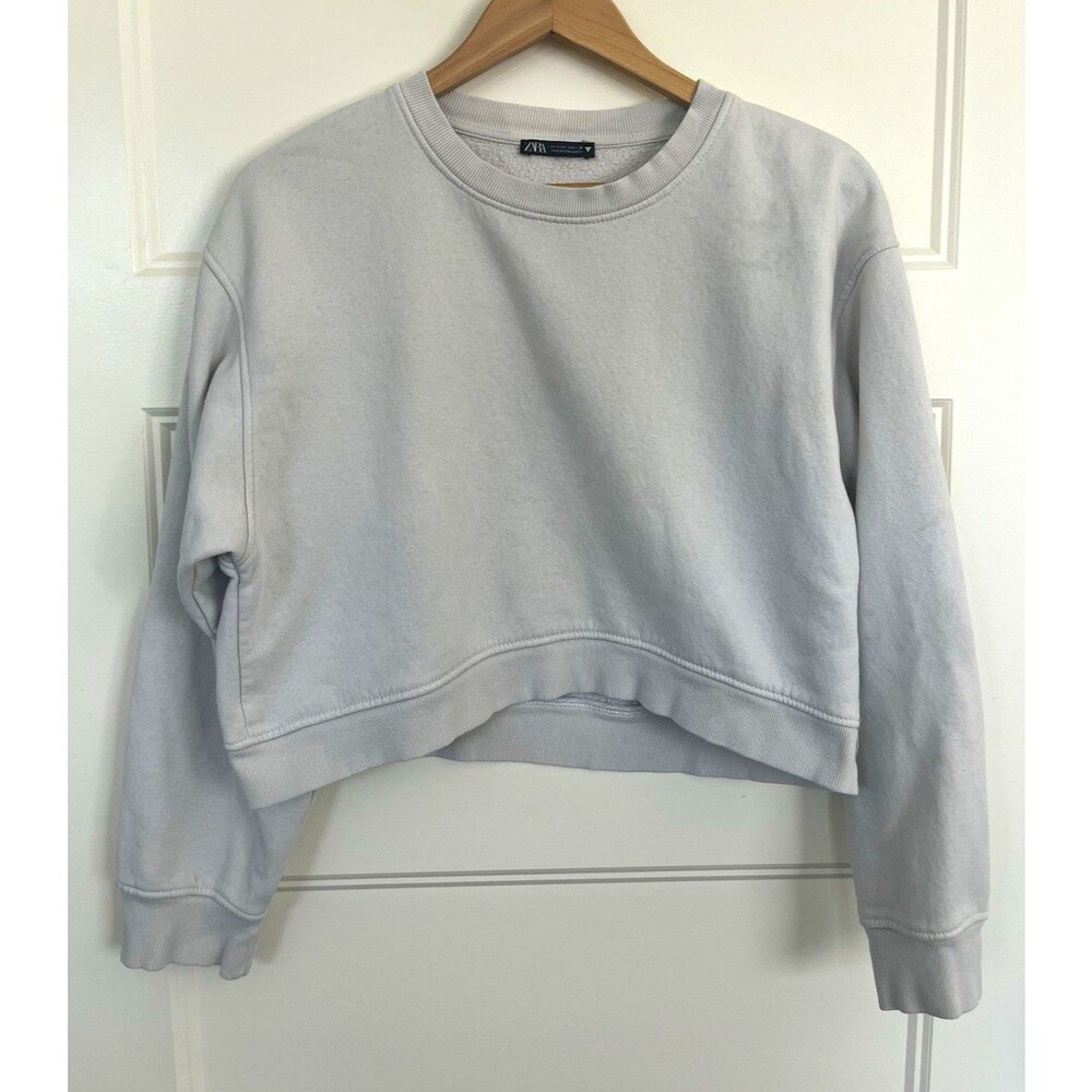 ZARA Gray Solid Crewneck Fleece Pullover Sweatshirt Women's Size L Long Sleeve